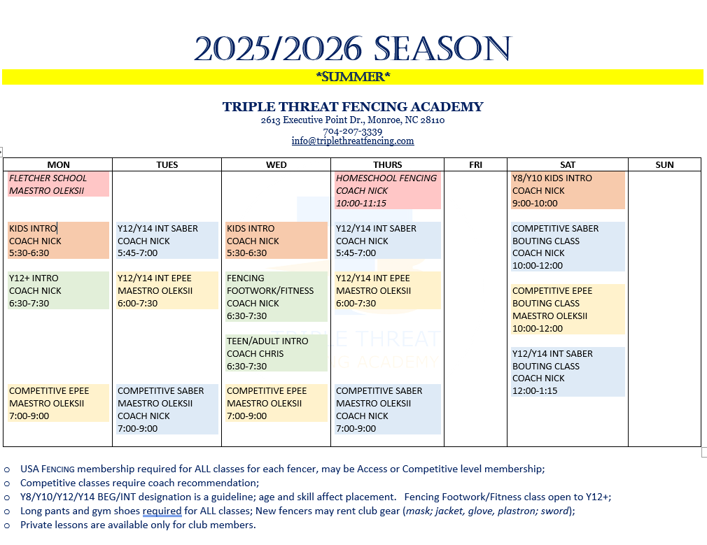 Summer Schedule showing new Intro to Fencing Class for Kids